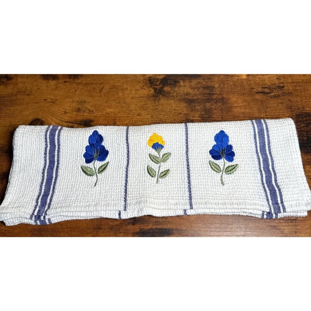 Flower Embroidered Waffle Weave Kitchen Towel With Blue Stripes and Flowers